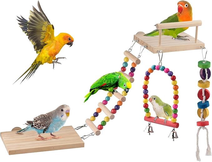 5in1 Bird Parakeet Toys, Detachable Birdie Perches Platform Swing with Climbing Ladder, Parrot Cage Stand Accessories, Wooden Playing Gyms for Conure Cockatiel Lovebird Finch Budgerigar Pigeon