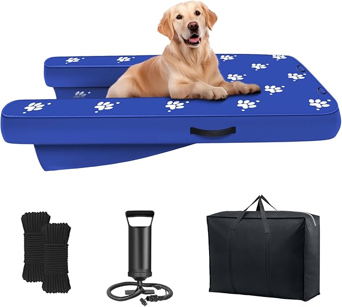 Inflatable Dock Platform, Dog Boat Ramp Floating Non-Slip Oxford and PVC with Water Ramp for Dogs Pool, Dock, Lake,Boat, with Traction Rope, Inflation Pump Blue (4.6ft x 3ft x 6in) Dark Blue