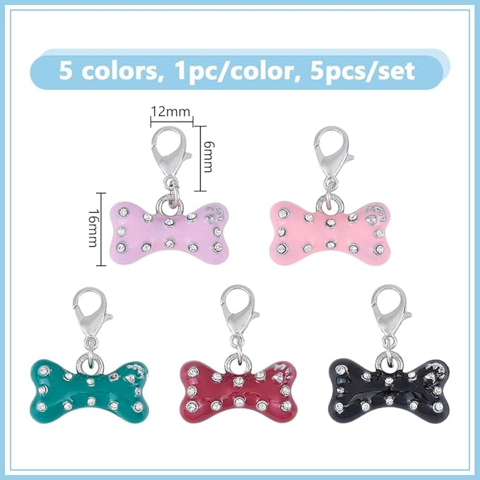 5pcs Bone Rhinestone Collar Pendants for Cat Dog Alloy Enamel Pet Collar Pendants Clip-on Dog Bone Pet Puppy Collar for Bag Keychain Jewelry Making Training Home Decor