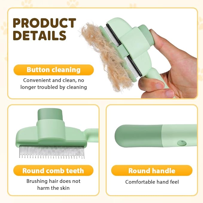 Self Cleaning Pet Hair Removal Comb, Pet Comb with Long Short Stainless Steel Metal Teeth, Cat Grooming Brush, Pet Grooming Supplies for Cat, dog (A - Green - 1 pcs)