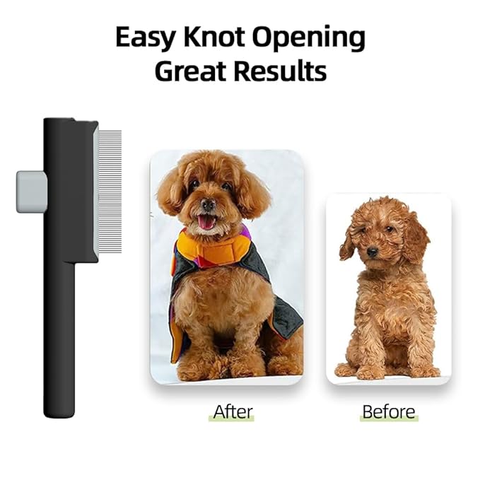 Marchul 2Pcs Pet Comb Flea Comb Set for Cats Dogs, Cat Grooming Brush with Release Button and Stainless Steel Round Teeth, Self-Cleaning Dog Combs for Removing Pet Hair, Knots & Loose Fur, Black