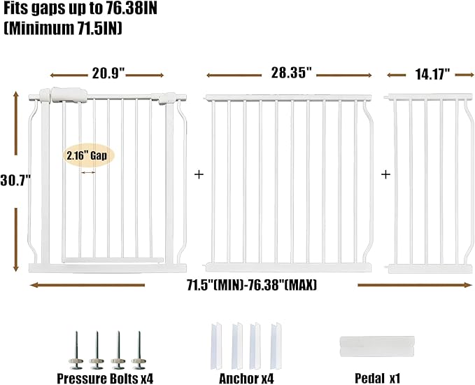 Baby Gates Extra Wide 71.5-76.4 Inch Large Baby Gates for Stairs Tension Pet Dog Gates Indoor for Doorways No Drilling Pressure Mounted Pet Gates for Kids