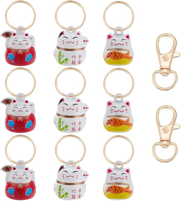 WEBEEDY 9 PCS Lucky Cat Collar Bells 3 Styles Pet Collar Bells Charm with Key Rings Brass Fortune Cat Collars Charms Loud Sound Small Animal Pendant for DIY Bag Keychain Home Decoration Supplies