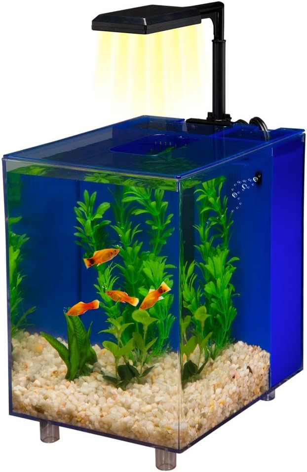 PENN-PLAX Water-World Prism Nano Aquarium Kit – Includes Integrated Filter, 2 Filter Media Cartridges, Telescoping LED Light, and Tinted Cover – 2 Gallons – Blue