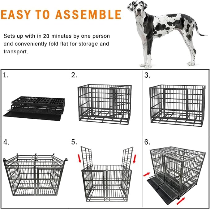 54 Inch Heavy Duty Dog Crate Cage with Wheels, Indestructible and Escape Proof Steel Kennel Indoor for High Anxiety Dogs with Sturdy Locks, Double Door and Tray, Extra Large XL XXL