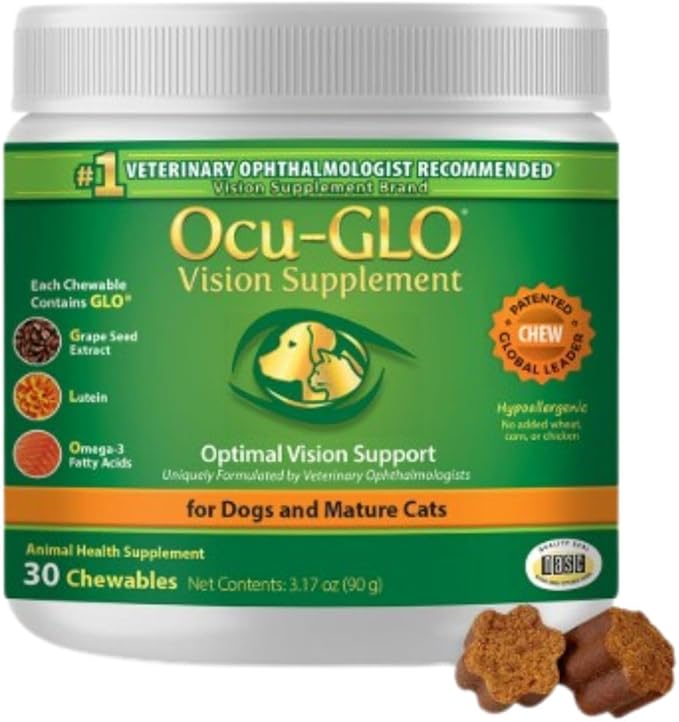 Ocu-GLO Cat & Dog Supplement for Eye Support - Chewable Vision Vitamins Supplements for Large and Small Pets Care with Lutein, Omega-3 Fatty Acids, Grape Seed Extract & Antioxidants