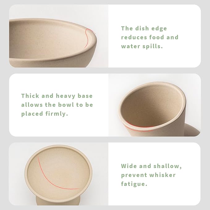 2 Elevated Cat Bowls Extra Wide for Food & Water – Whisker Fatigue, Ceramic Wide Shallow Food Dish, Lead & Cadmium Free, Raised Height for Cats, Pottery Clay (Not Glazed)