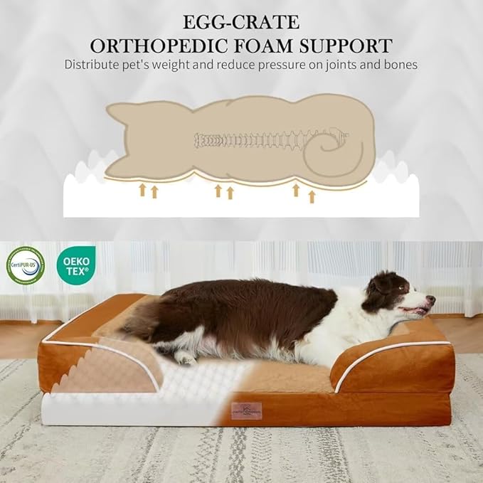 Comfort Expression Orthopedic Dog Bed for Large Dogs 38x25 Inch, Waterproof Supportive Egg Crate Foam Large Pet Bed with Removable Bolsters, Dog Couch with Washable Cover & Non-Slip Bottom, Orange
