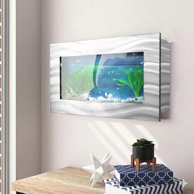 Aussie Aquariums 3.0 Wall Mounted Fish Tank Kit with LED Lighting, Built-in Filter System, Modern Space-Saving Design, Complete Accessories Set (Skyline, Silver)