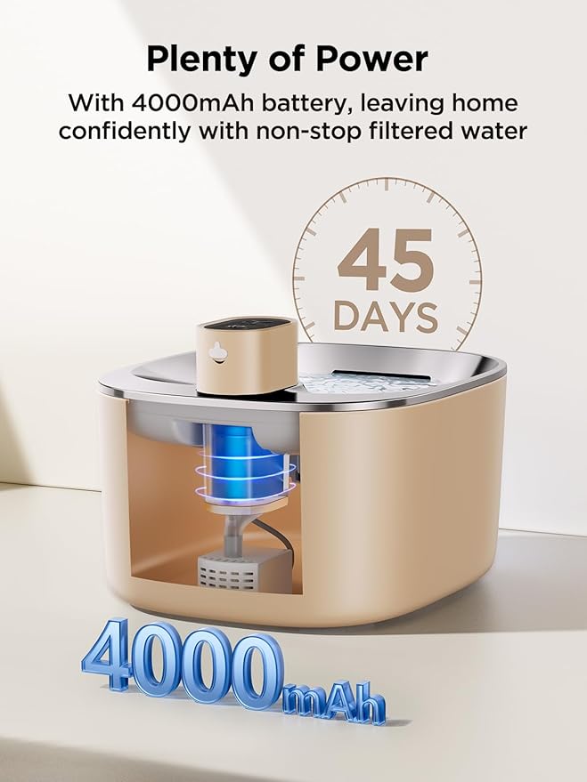 FEELNEEDY Cat Water Fountain Battery Operated, 4L/135 fl oz Pet Water Fountain for Cats and Dog with Motion Sensor, Ultra Quiet Cat Drinking Fountain with 2 Filters (Beige YPD-C004P)