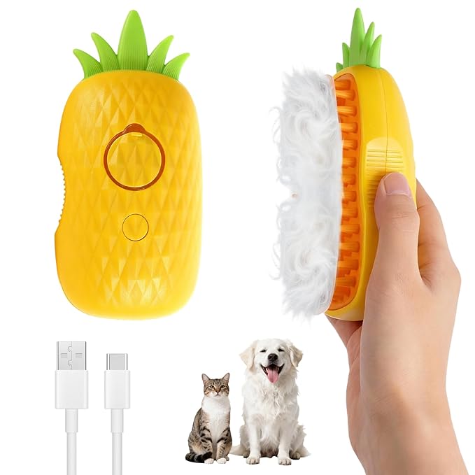 Cat Steam Brush for Shedding, 4 in 1 Rechargeable Steam Brush for Cats and Dogs, Anti-Static, Massage, Cleaning, Shedding & Combing All in One! (Yellow)
