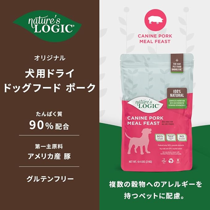 NATURE'S LOGIC Dry Dog Food - 100% Natural - No Synthetics - for All Ages, Sizes, Breeds - Free from Common Allergens, High Protein - Pork Meal Feast, 4.4lbs