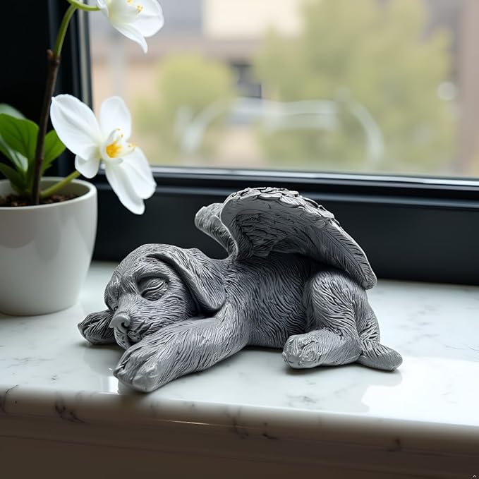 Small Dog Angel Pet Memorial Grave Marker Tribute Statue，Resin Sleeping Dog Statue with Wings for Garden,Indoor,Pet Grave Markers,and Loss of Sympathy Gift(Gray)