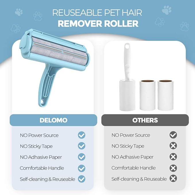 DELOMO Pet Hair Removal Tool, Pet Hair Remover - Lint Roller for Pet Hair - Cat and Dog Hair Remover for Couch, Furniture, Carpet, Car Seat, Reusable Lint Roller with Fur Bin, Pet Owner Essential
