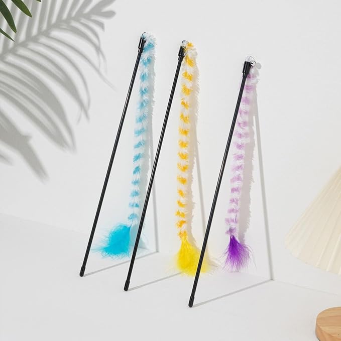 IUHKBH Cat Wand Toys 3 PCS Colorful Plush Strips Teaser Wands with Bell Interactive Cat Toys Cute Kitten Stick for All Breed Size