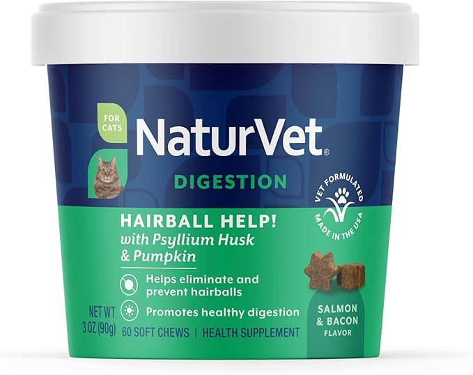 NaturVet – Hairball Aid Supplement for Cats - Plus Pumpkin – Helps Eliminate & Prevent Hairballs – 60 Soft Chews