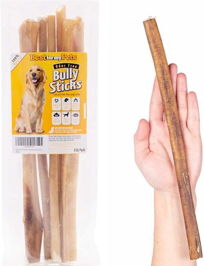 Best For My Pets 12‑Inch Odor‑Free 100% Beef Bully Sticks, 8 oz Bag – Long‑Lasting Single‑Ingredient Dental Dog Chews for Medium & Large Breeds, USA‑Inspected Rawhide Alternative