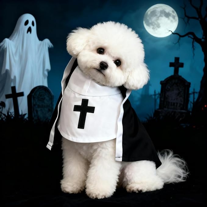 Halloween Cat Costume Nun Dress - Funny Pet Cosplay Apparel for Cats & Small Medium Dogs, Adjustable Nun Habit Cloak for Halloween Party, Christmas, Holidays - Cute Pet Clothing Costume Accessories