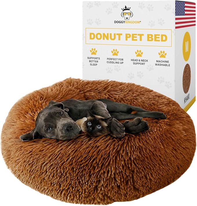 Calming Round Donut Dog Bed Pillow, Washable, Anti Anxiety, Anti-Slip, Cozy Soft Cuddler Comfort Bed with Fluffy Plush Faux Fur for Large Medium Small Sized Dog - Khaki, M 31 inch
