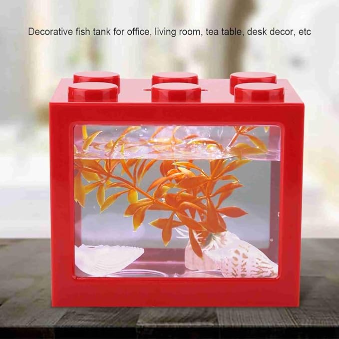 Mini USB LED Aquarium Fish Bowl Plastic Tank with White Light for Desk Tabletop Decor Energy-Saving Office Accent(Red)