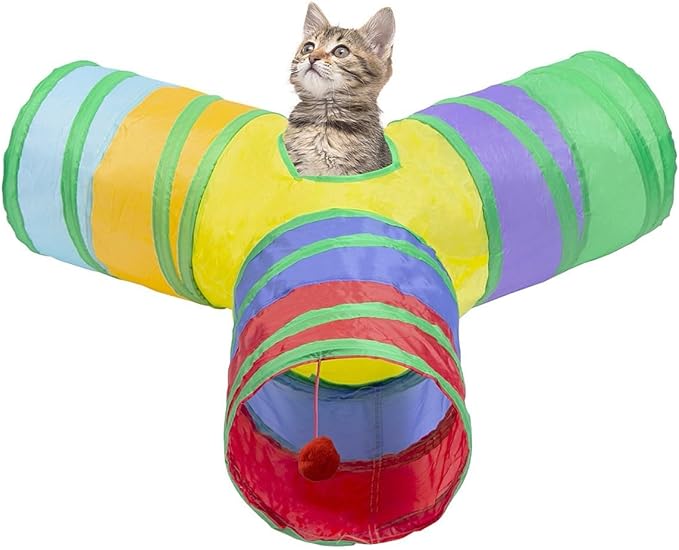 3 Way Cat Tunnel Collapsible Fun Pet Play Tube Toys for Cats, Kittens, Puppies & Rabbits - Portable Tunnel with Hanging Ball for Indoor Play, Hideout & Exercise