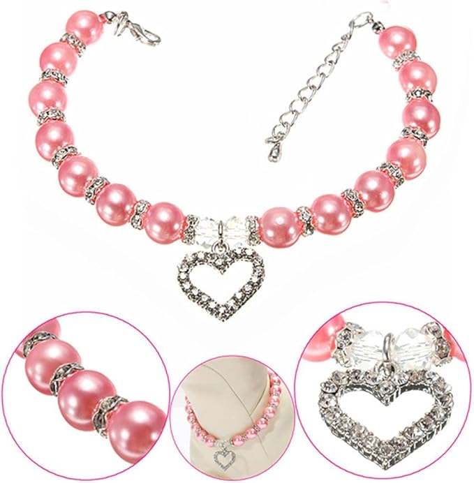 Dog Pearls Collars Crystal Heart Dog Cat Collar, Pet Bling Love Charm Pendant Necklace for Cats Small Dogs Birthday Party Accessories(S,Purple)