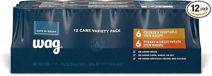 Amazon Brand - Wag Wet Dog Food Stew Variety Pack, Chicken & Turkey Cuts in Gravy, Made with Natural Ingredients, 13.2 Ounce Cans (Pack of 12)