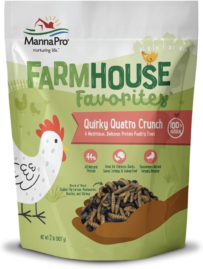 Manna Pro Farmhouse Favorites Quirky Quatro Crunch, 100% Natural Protein Treat for Mixed Flocks & Poultry – Blend of Black Solider Fly Larvae for Chicks and Chickens, Mealworms, Beetles & Shrimp – 2lb