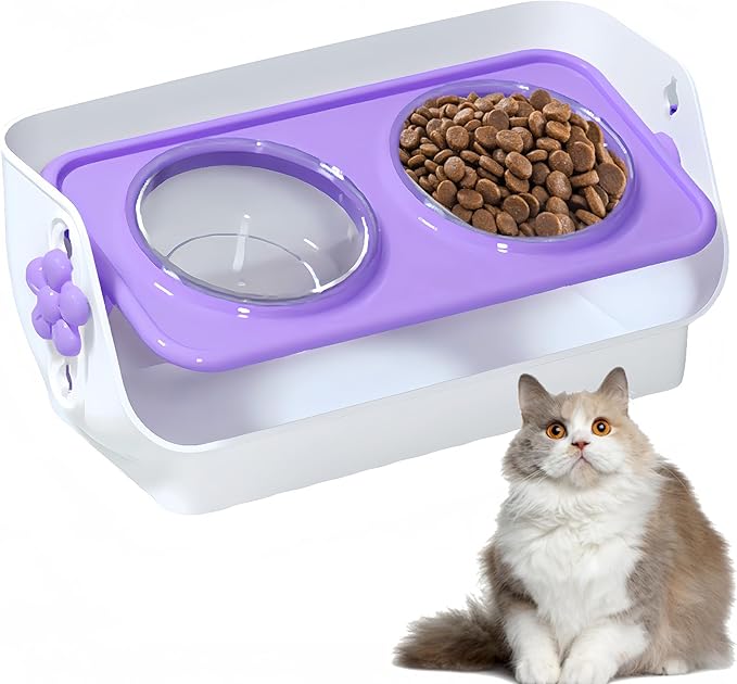 Cat and Dog Pet Double Bowl, Anti-Spill Pet Bowl, Height-Adjustable Pet Food/Water Bowl, Non-Slip, Anti-Tip, Neck Protection Pet Bowl - (Purple)