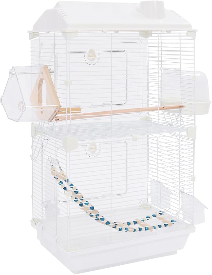 2-Tier Bird Cage 28 Inch Large Birdcage with Roof Features and Rolling Stand Birds Amusement Park for Parrots Cockatiels Budgie Conures Lovebirds