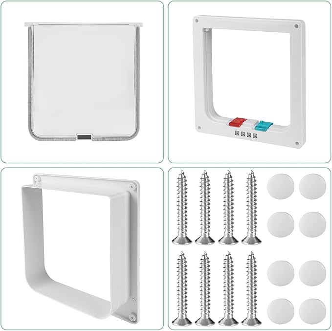 Cat Door- 4-Way Locking Option, Weatherproof & Secure Cat Flap with Easy Installation Kit for Interior/Exterior Doors and Walls (L)