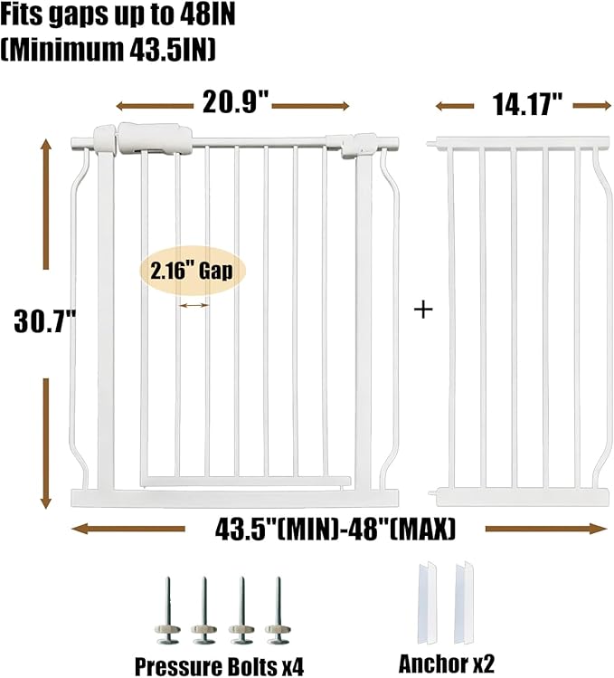 Extra Wide Baby Gate 43.5-48 Inch, Pressure Mounted No Drilling, Heavy Duty Metal for Stairs & Doorways, Indoor Safety Gate for Kids and Dogs, White