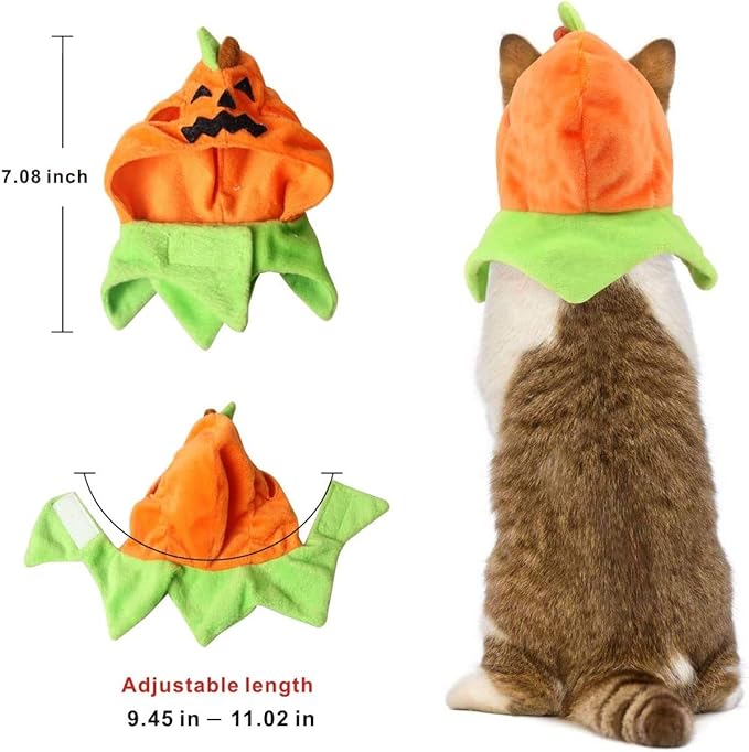 Idepet Cat Costume Pumpkin Hat for Cats, Adjustable Halloween Cap Hat Cute Pumpkin Cloak Outfits for Kittens Puppies