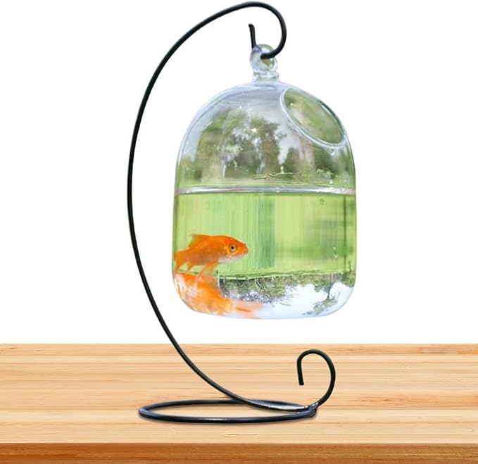 Hanging Transparent Fish Bowl with Stand, Space-Saving Glass Vase Aquarium for Home & Office