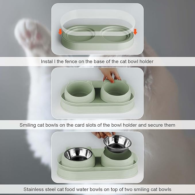 Elevated Raise Tilted Cat Food Bowls,with Stand Stainless Steel, Anti Vomiting, Double Cat Food and Water Bowl Set (Green)
