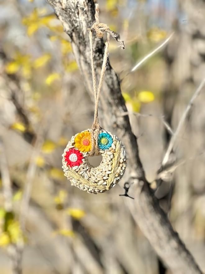 8-Pack Hanging Bird Seed Ornaments w/ 100% Edible Flowers & Wheat Stalks, Circle Shape, 3 Seed Blends Included, 100% Edible (Safe for Bird Consumption)