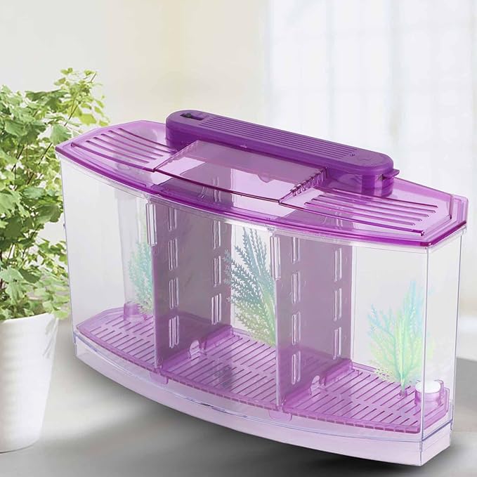 Small Fish Isolation Fish Tank, LED Acrylic Aquarium Fish Tank, Transparent Fish Isolation Box with 2 Isolation Plates for Small Fishes Betta Shrimp Guppy (Lightpurple)