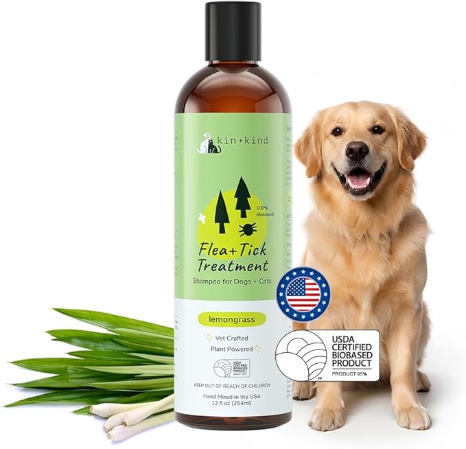 kin+kind Cat & Dog Shampoo Flea and Tick Vet Formulated - Natural Flea and Tick Prevention for Dogs - Plant Powered Shampoo w/Coconut & Olive Oil - Pet Supplies - Lemon Grass - Made in USA 12 fl oz