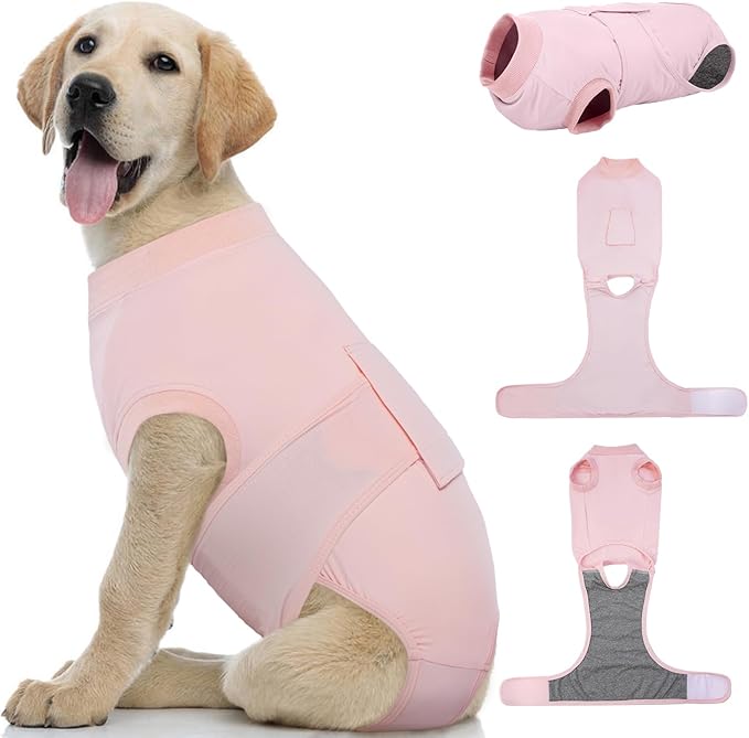 Kuoser Dog Recovery Suit for Dogs After Surgery, Soft Dog Surgical Onesie for Female Male Dogs Spay Neuter, Anti-Licking Pet Bodysuit for Abdominal Wounds, Skin Disease, E-Collar Alternative, Pink L