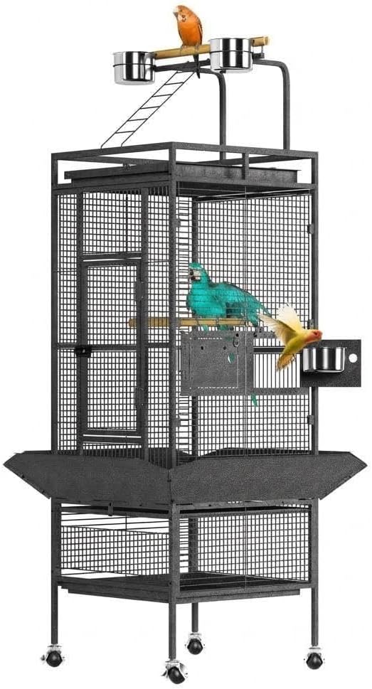 61" Large Bird Cage, Metal Parrot Cage with Play Top, Rolling Stand & Bowls - Bird Aviary for Macaws, Cockatoos, Conures, Black