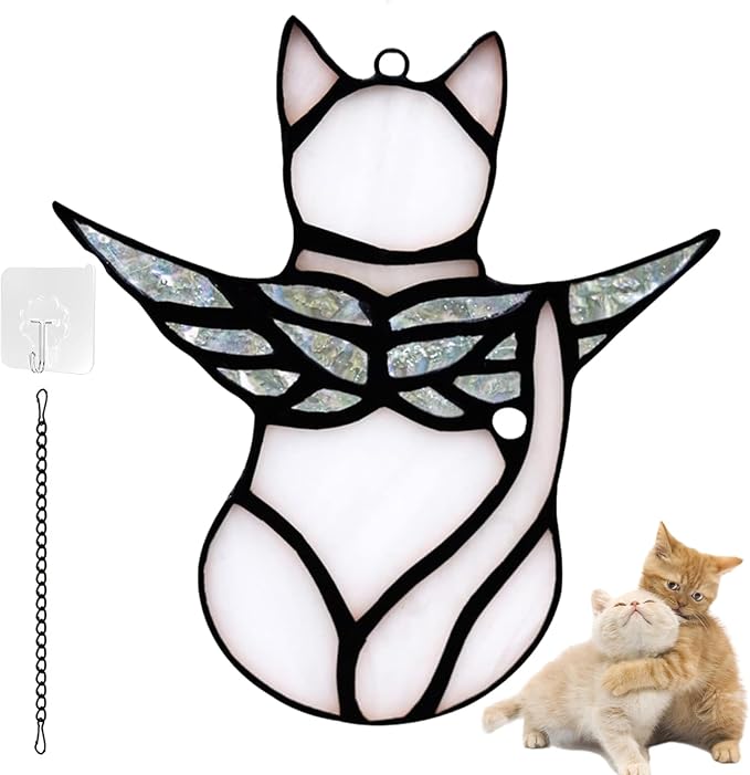 Angel Cat Memorial Present Ornaments, Acrylic Window Hanging Decorations for Cat Lovers, Angel Wings Suncatcher Decor, Pet Memorial Sympathy Present Statue (White)