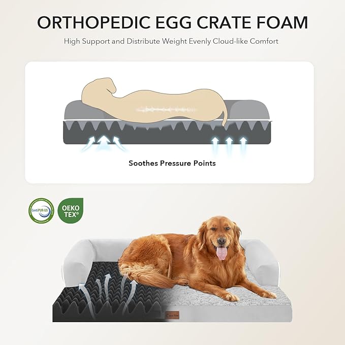 Orthopedic Dog Beds for Large Sized Dogs, Waterproof Egg Crate Foam Large Dog Couch Beds with Comfy Bolster 36x27Inch, Washable Pet Beds with Removable Cover and Nonskid Bottom, Grey White