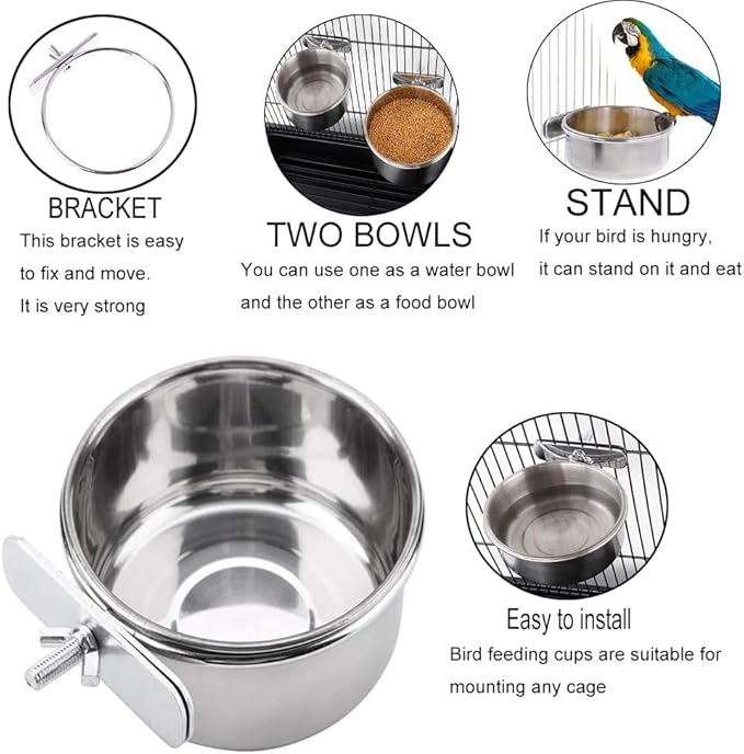 PINVNBY Parrot Feeding Cups Birds Food Dish Stainless Steel Parrot Feeders Water Cage Bowls with Clamp Holder for Cockatiel Conure Budgies Parakeet Macaw Small Animal Chinchilla Pack of 6
