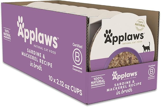 Applaws Natural Wet Cat Food in Broth, Limited and Natural Ingredients, High Protein with No Artificial Additives, Sardine & Mackerel in Broth (10 x 2.12 oz Easy-Open Cups)