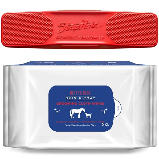 StripHair DOG Horse Grooming Set 2pc Gentle Groomer 6-in-1 Shedding Coat Shine Massage and Pet Hair Remover Tool (flexi red) + Dog Pet Wipes (8x8in)