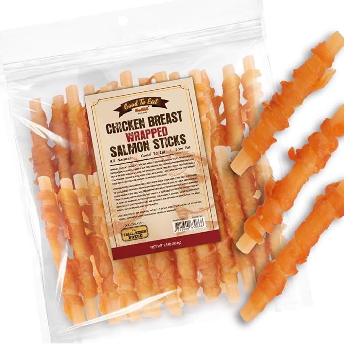 Gootoe Dog Treats, All Natural, Low Fat, Premium Training Chews, Healthy & Easily Digestible, Treat and Train, Chicken Breast Wrapped Salmon Sticks, 1.5lb