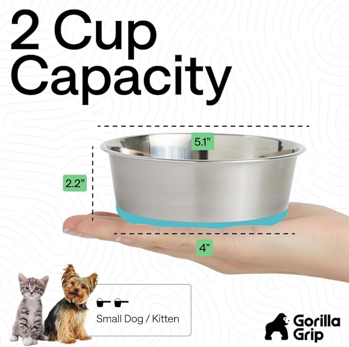 GORILLA GRIP Dog Bowls, Heavy Duty 304 Stainless Steel Holds 2 Cups Each (16 fl oz) Food and Water Bowl for Feeding Dogs and Cats Dishwasher Safe Rust Resistant BPA Free Rubber Base Set of 2 Turquoise