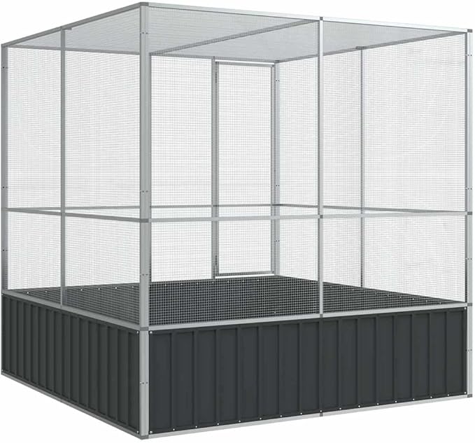 vidaXL Aviary Silver - 83.1"x81.5"x83.5" Galvanized Steel Bird/Parrot Cage - Spacious, Sturdy, Mesh Grid, Lockable Door for Safety