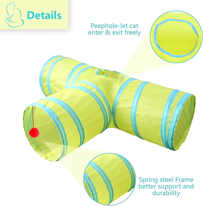3 Way Cat Tunnel Collapsible Fun Pet Play Tube Toys for Cats, Kittens, Puppies & Rabbits - Portable Tunnel with Hanging Ball for Indoor Play, Hideout & Exercise