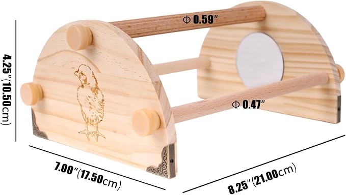 Pine Chicken Perch with Mirror and Metal Corners, Strong Solid Mini Small Chick Jungle Gym Roosting Bar, Chicken Toys for Coop and Brooder, Training Perch Toys for Large Bird, Parrot, Macaw, Hens